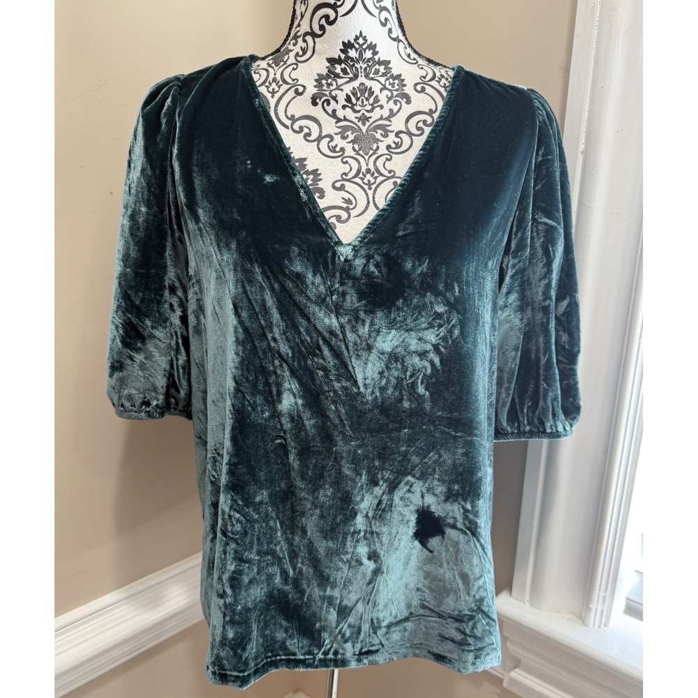 Womens Velvet V-Neck Puff Sleeve Blouse Dark Teal Green M Holiday Fairy Grunge